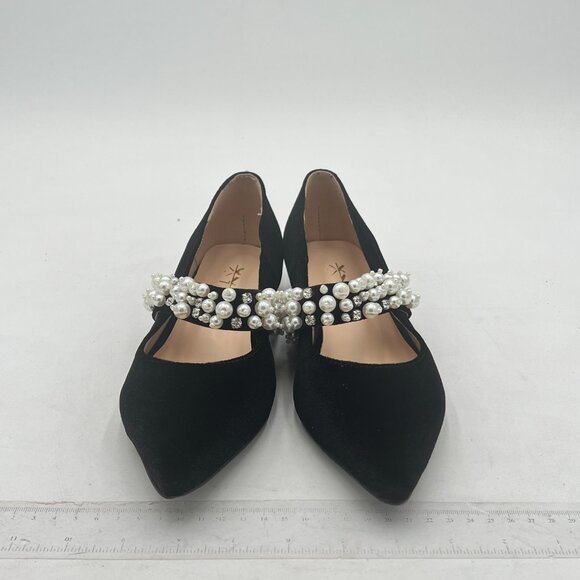 XYD Black Pointed Toe Velvet Pearl Strap Beaded Mary Janes Dress Shoes - Picture 3 of 8